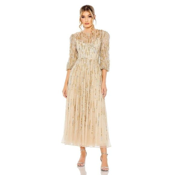 Mac Duggal Size 6 Beige 93889 Beaded Sequin High Neck Midi Cocktail Dress New - Picture 1 of 10